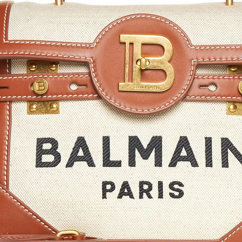 BALMAIN B BUZZ Leather With Cotton And Linen Shoulder Bag, Crossbody Bag, Handbag Women's Beige/Brown-3