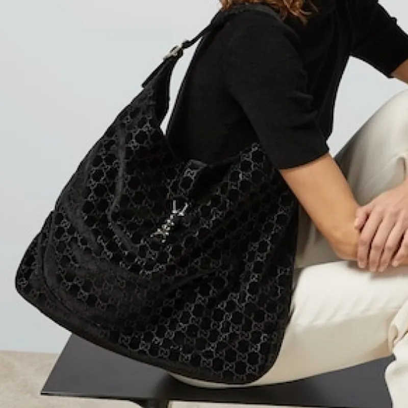 GUCCI Jackie 1961 Velvet Shoulder Bag Large Size Women's Black-8