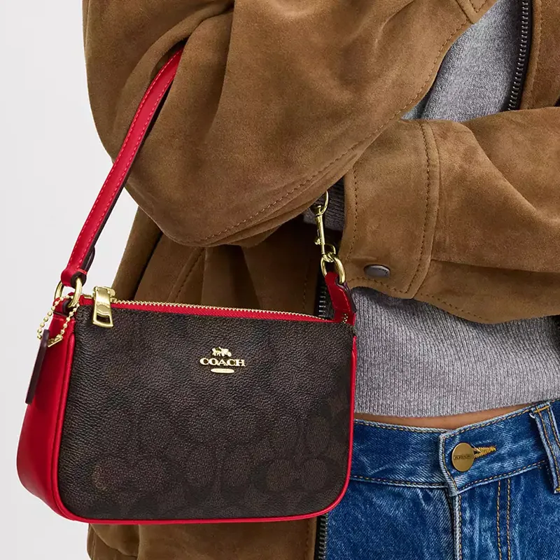 COACH Nolita PVC With Skin One Shoulder Handbags Small Size Women's Dark Brown & Red-3