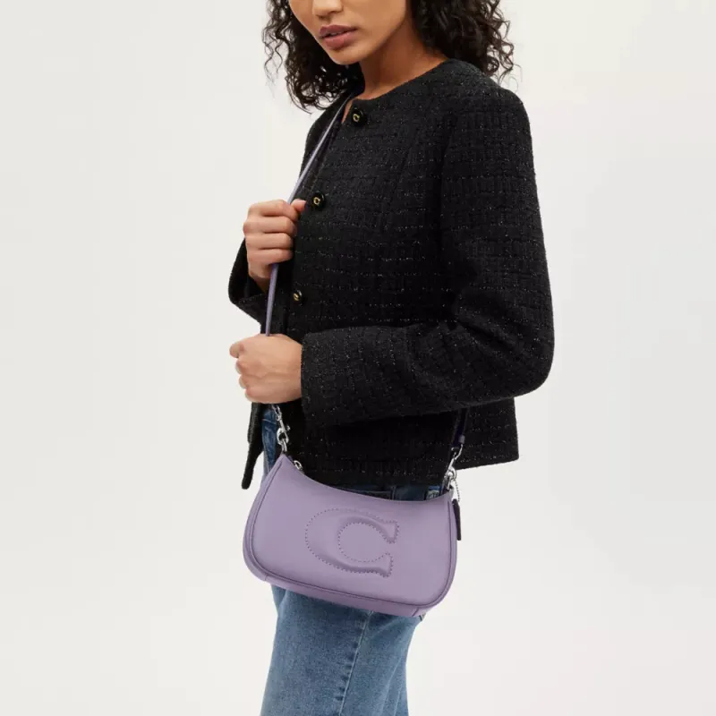 COACH Teri Smooth Leather Portable Crossbody Bag, Shoulder Bag Medium Size Women's Silver & Light Purple-3