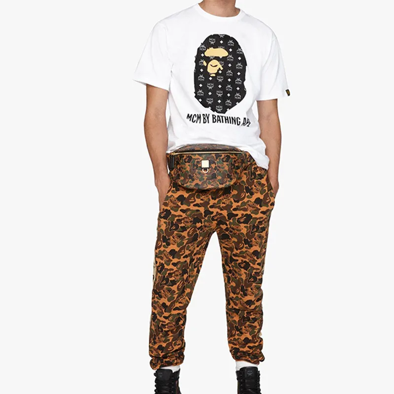 A BATHING APE MCM Collaboration Sheepskin Fanny Pack Regular Unisex Yellow Camouflage-5