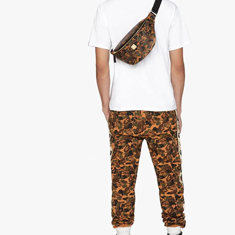 A BATHING APE MCM Collaboration Sheepskin Fanny Pack Regular Unisex Yellow Camouflage-4