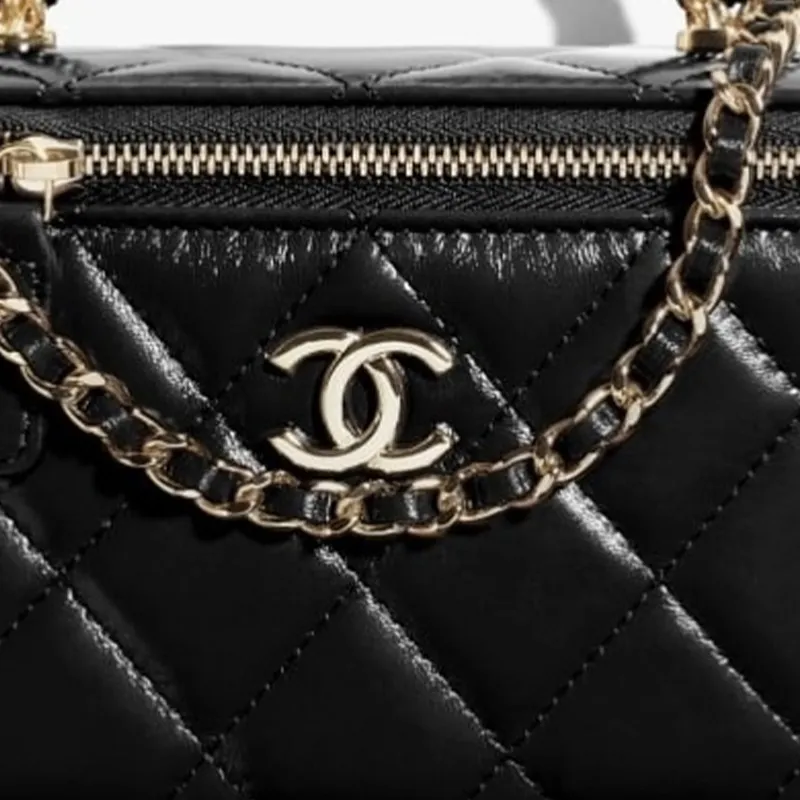 CHANEL Shiny Lambskin Makeup Bag Box Bag Handbag Women's Black-2