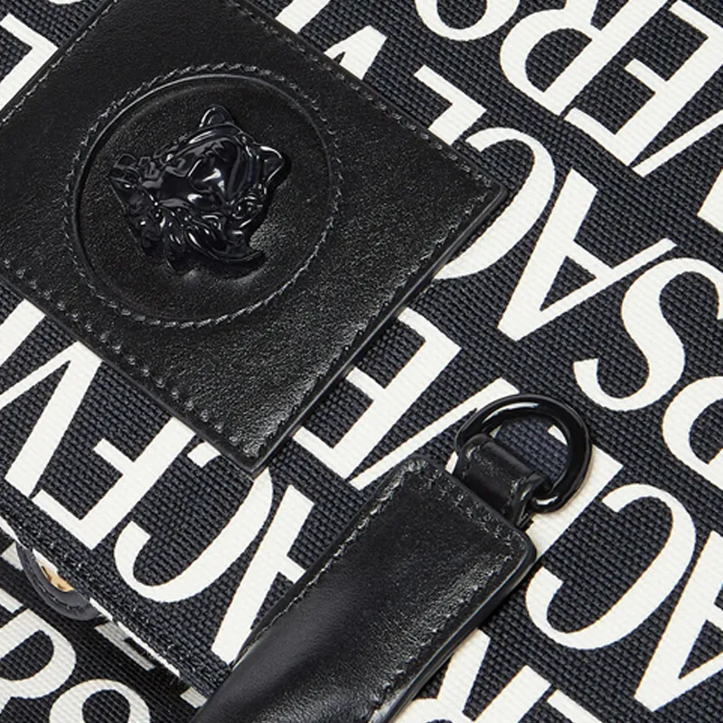 VERSACE Cotton With Cow Leather Patchwork Tote Bag Shopping Bag Handbag Large Size Women's Black-3