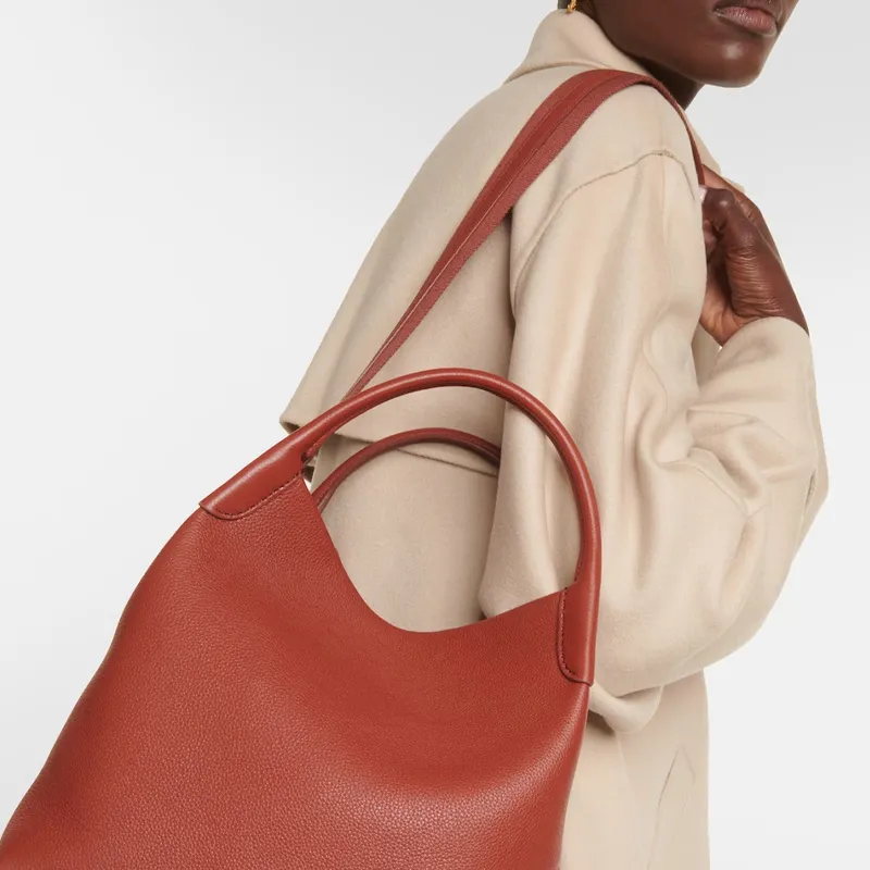 Loro Piana Leather Tote Bag Shopping Bag Shoulder Bag Handbag Medium Size Women's Brown-2