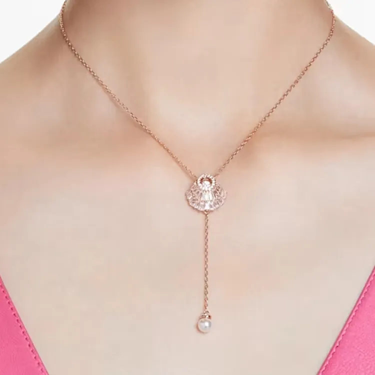 Swarovski Synthetic Cubic Zirconia Faux Crystal Rose Gold Plated Faux Pearl Necklaces Women's Rose Gold-2