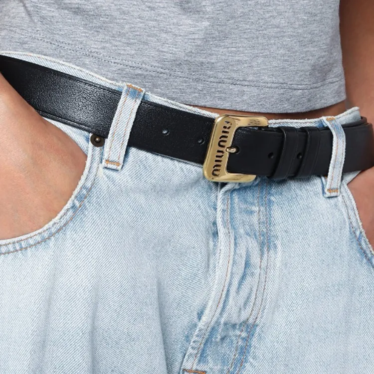 MIU MIU Solid Color Design Leather Leather Belts Women's Black 4CM-2
