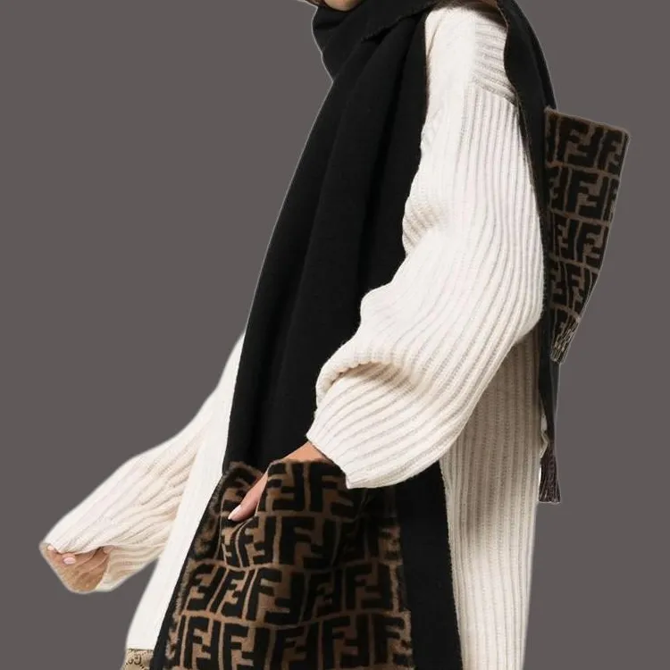 FENDI Virgin Wool Cashmere Knit Scarves Women's Black-2