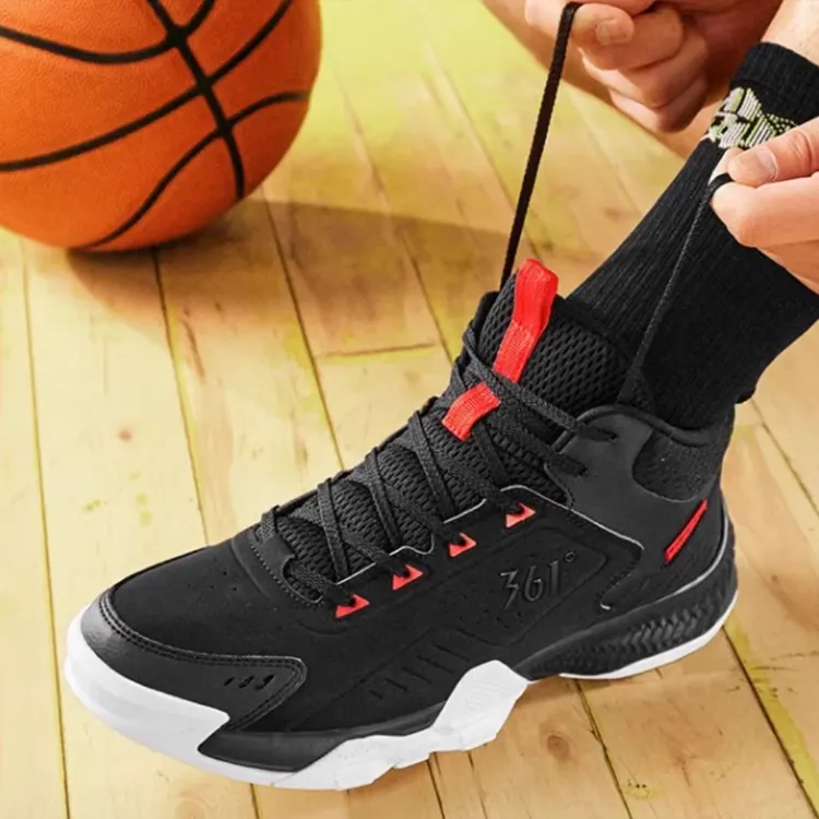 361° Anti Slip Wear Resistant Mid Top Basketball Shoes Men's Black White-3