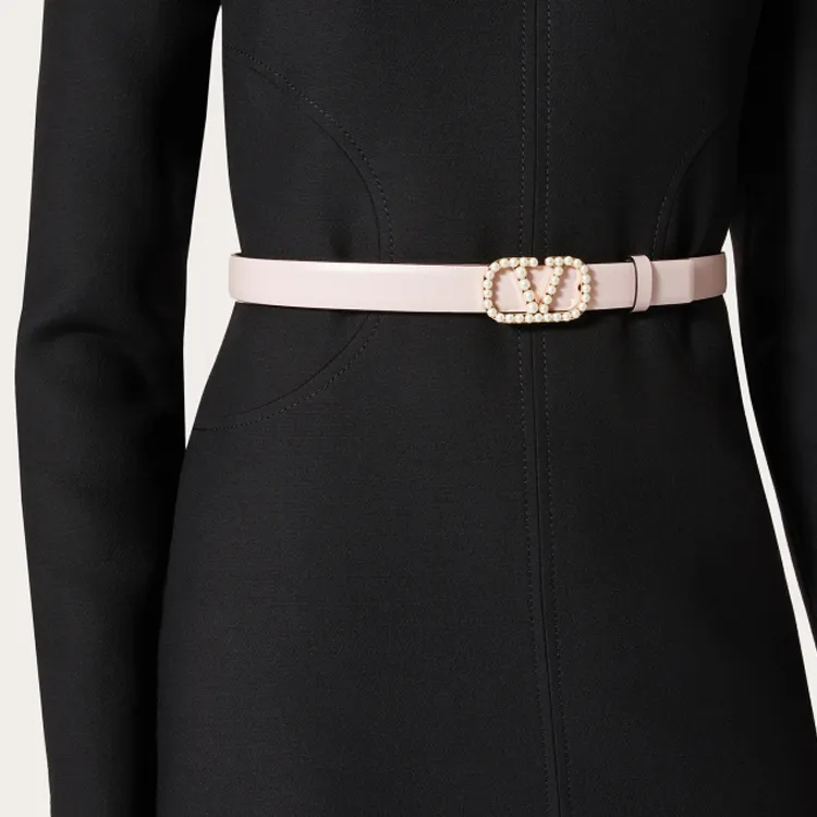 Valentino VLOGO SIGNATURE Shiny Calfskin Accented With Faux Pearl Smooth Buckle Leather Belts Women's Pink Width: 2CM-1