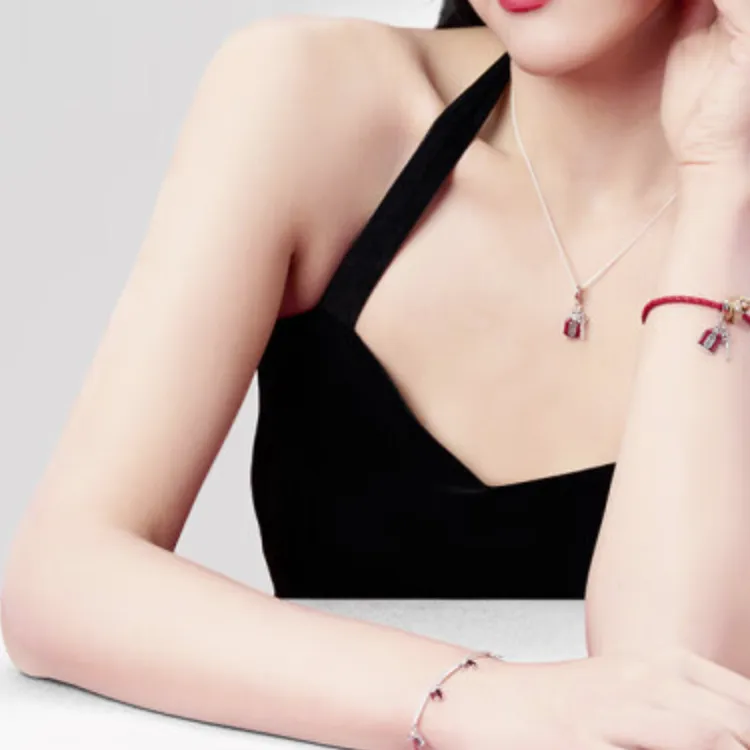 Pandora 925 Sterling Silver Gold Plated Copper Silver Alloy Glass Necklaces Women's Red-2
