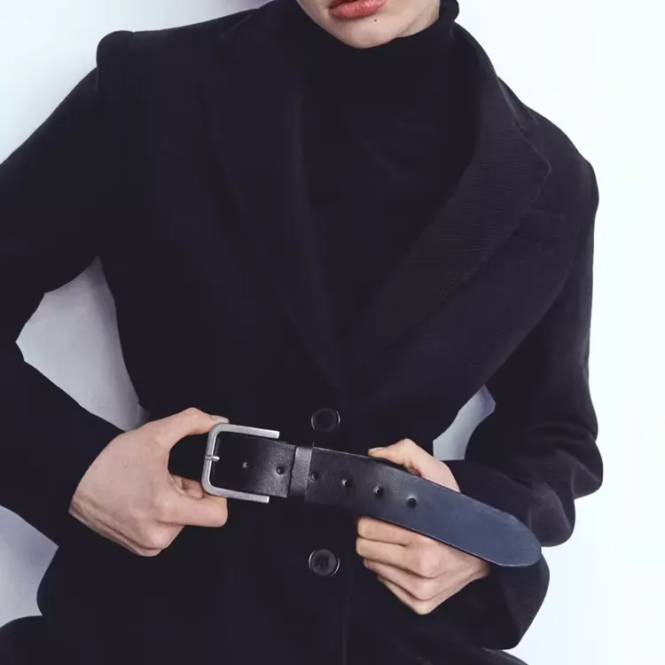 ZARA Solid Color Design Pin Buckle Leather Leather Belts Women's Black Width: 4CM-2