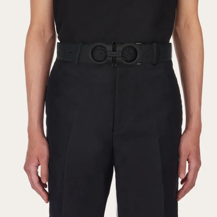 FERRAGAMO Two Tone Design, Smooth Buckle Calfskin Leather Belts Men's Black Width 3.8CM-2