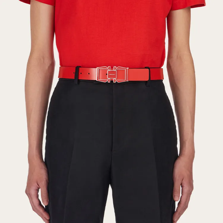FERRAGAMO Double-Sided Design Smooth Buckle Calfskin Leather Belts Men's Red Width: 3CM-2