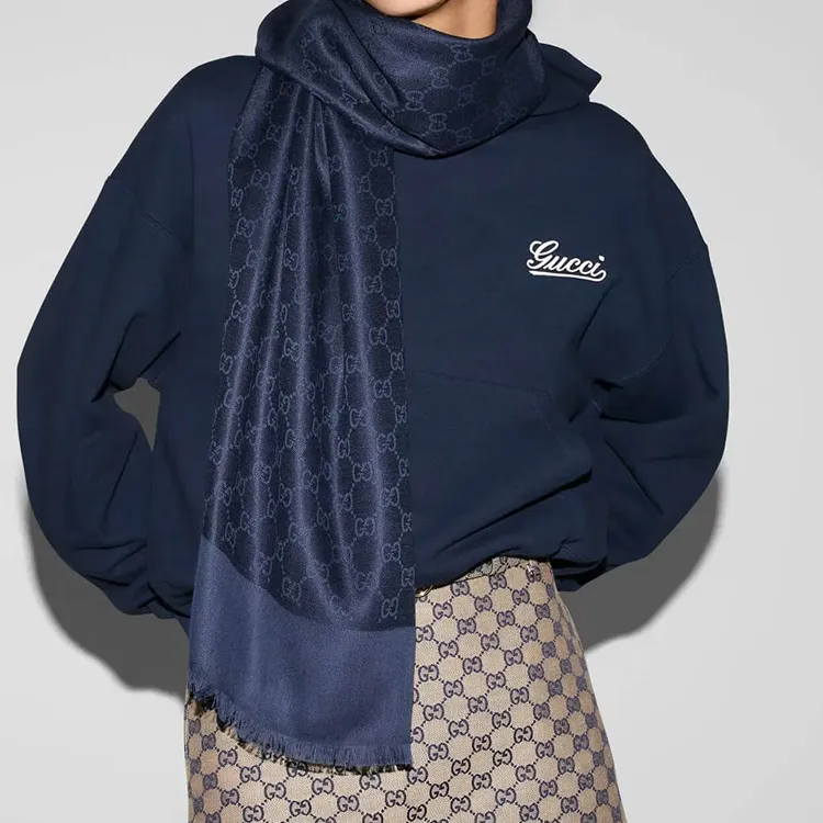 GUCCI Cotton Knit Scarves Women's Blue-2