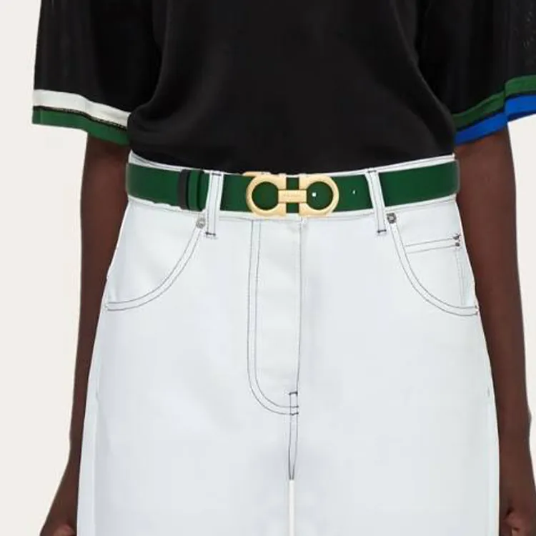 FERRAGAMO Double Sided Decoration, Smooth Buckle Calfskin Leather Belts Women's Green Width 2.5cm-2