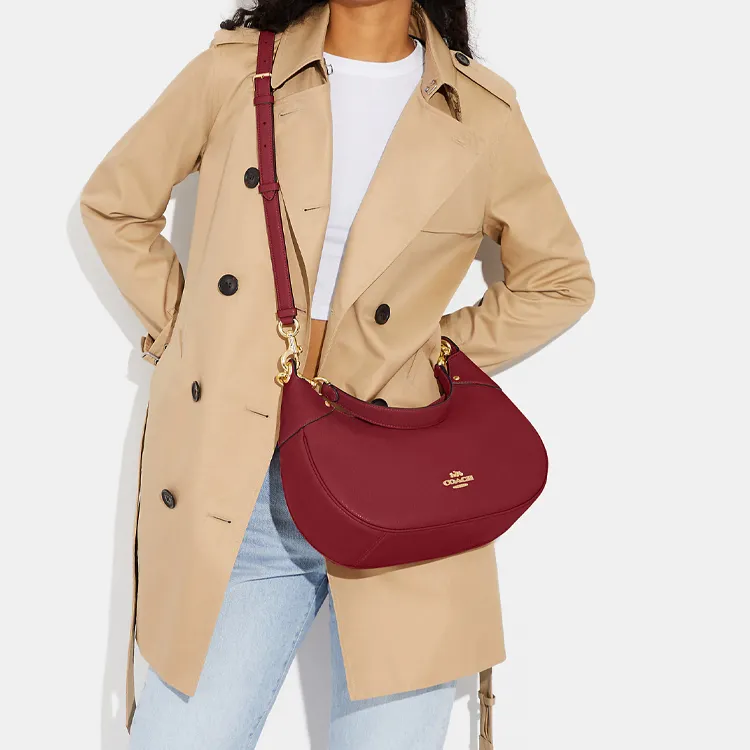 COACH Hobo Pebbled Leather Crescent Bag, Shoulder Bag, Handbag, Shoulder Bag Women's Red-3