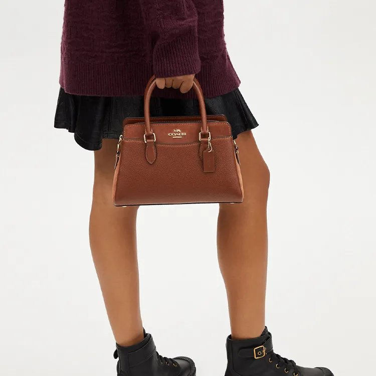COACH Pebbled Leather Tote Bag, Shopping Bag, One Shoulder Handbag Trumpets Women's Brown-4