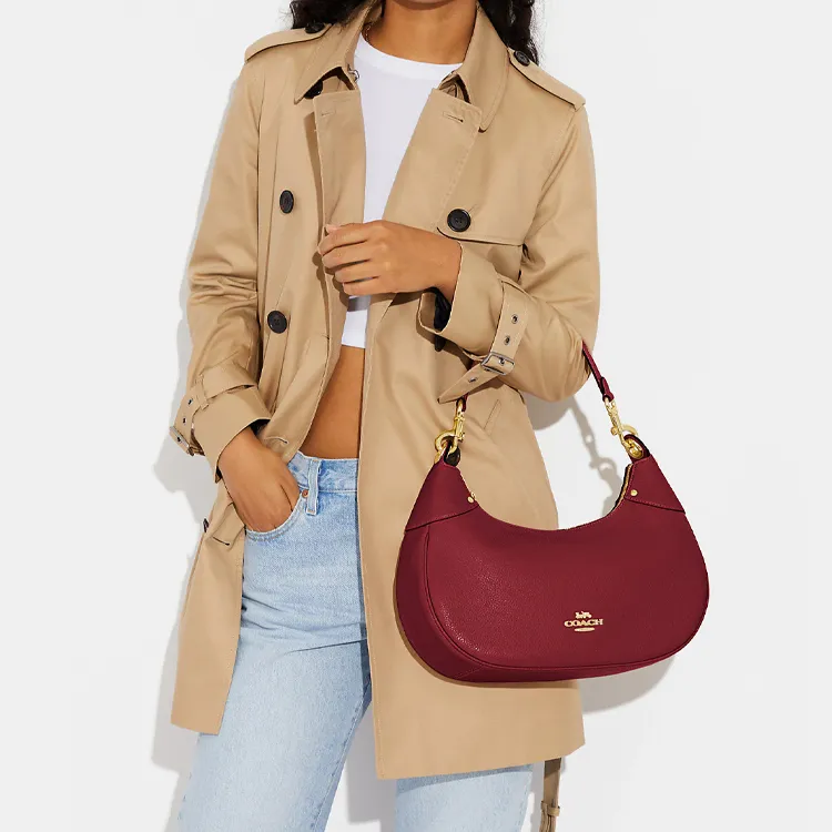 COACH Hobo Pebbled Leather Crescent Bag, Shoulder Bag, Handbag, Shoulder Bag Women's Red-4