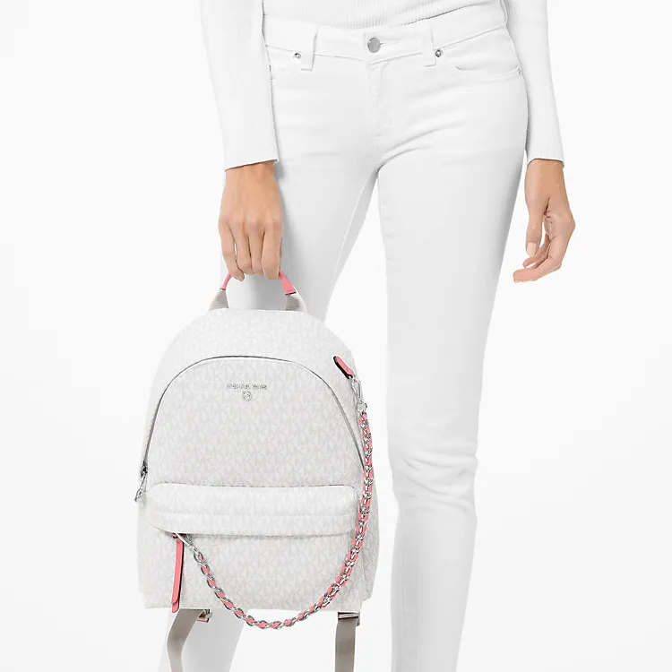 MICHAEL KORS Slater Canvas With Leather Trim Backpack Medium Size Women's Tea Rose With White Accents-3
