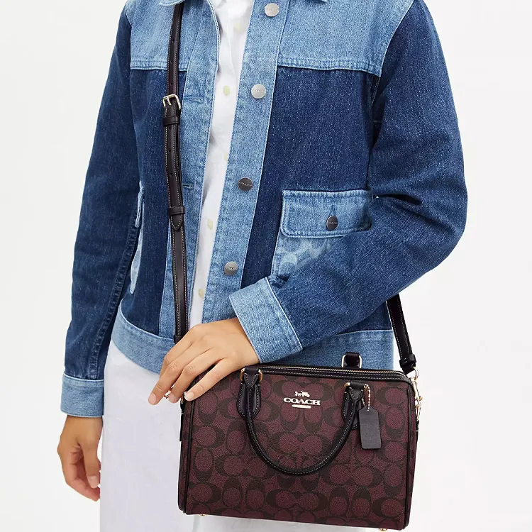 COACH Rowan Canvas With Leather Boston Bag, Handbag, Shoulder Bag, Crossbody Bag Medium Size Women's Coffee-3