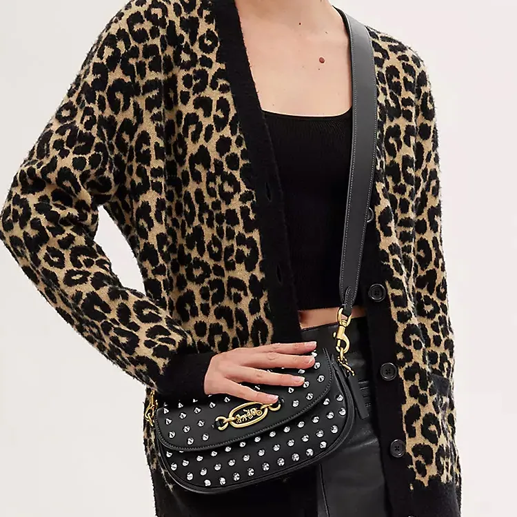 COACH Zip Shoulder Bag Glove Tanning Saddle Bag Handbag Shoulder Bag Medium Size Women's Black-4