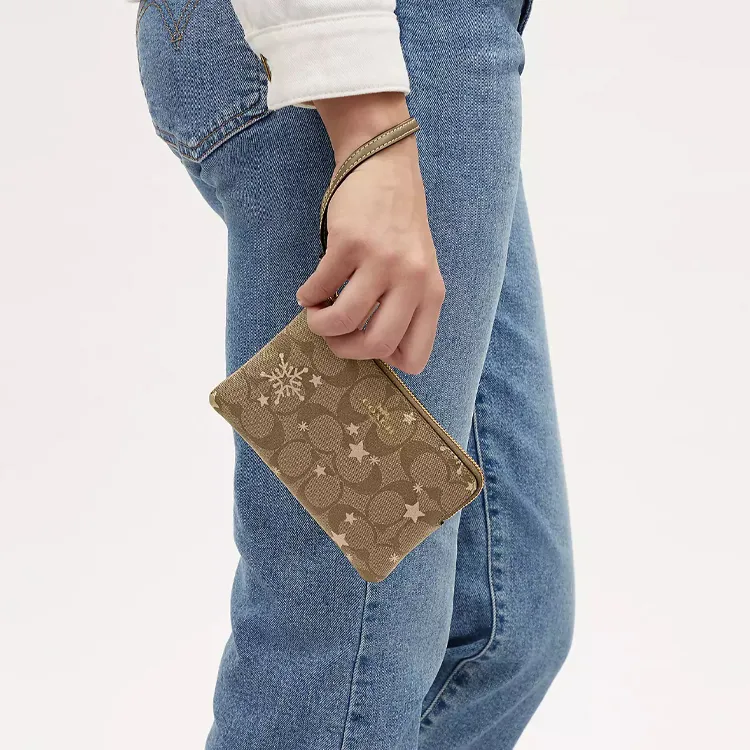 COACH Corner Zip Coated Canvas With Smooth Leather Wrist Bags Clutches Small Size Women's Khaki-2