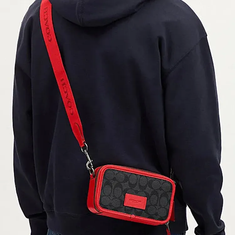 COACH Cow Leather Camera Bag Shoulder Bag Crossbody Bag Small Size Men's Charcoal Gray With Bright Red Accents-3