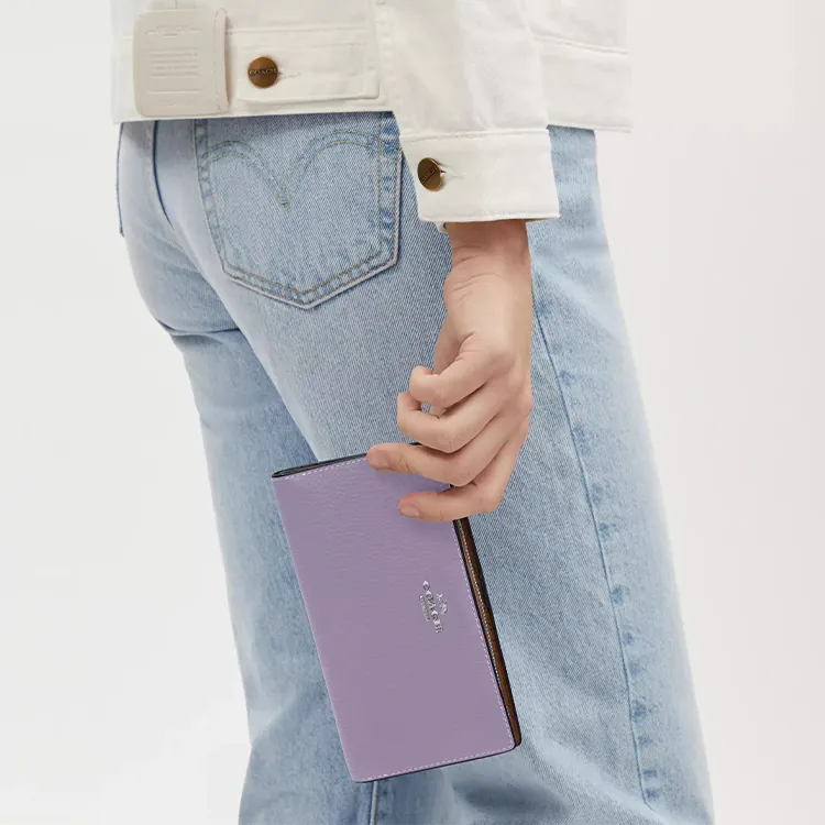 COACH Slim Wallet Delicate Pebbled Leather Wallet Small Size Women's Silver & Light Purple-2