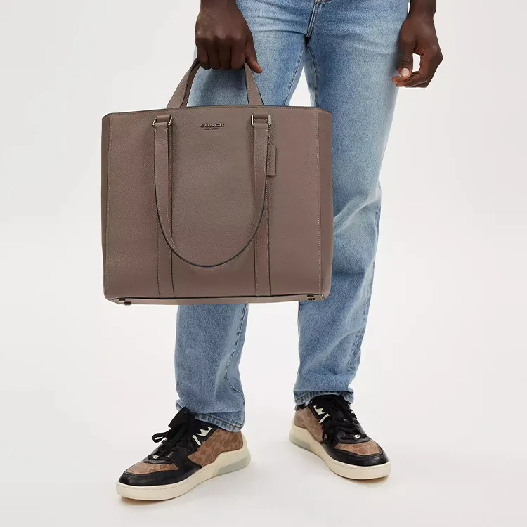 COACH Hudson Refined Pebble Pattern Leather Tote Bag, Shopping Bag, Shoulder Bag, Handbag Tubas Men's Dark Stone Color-3