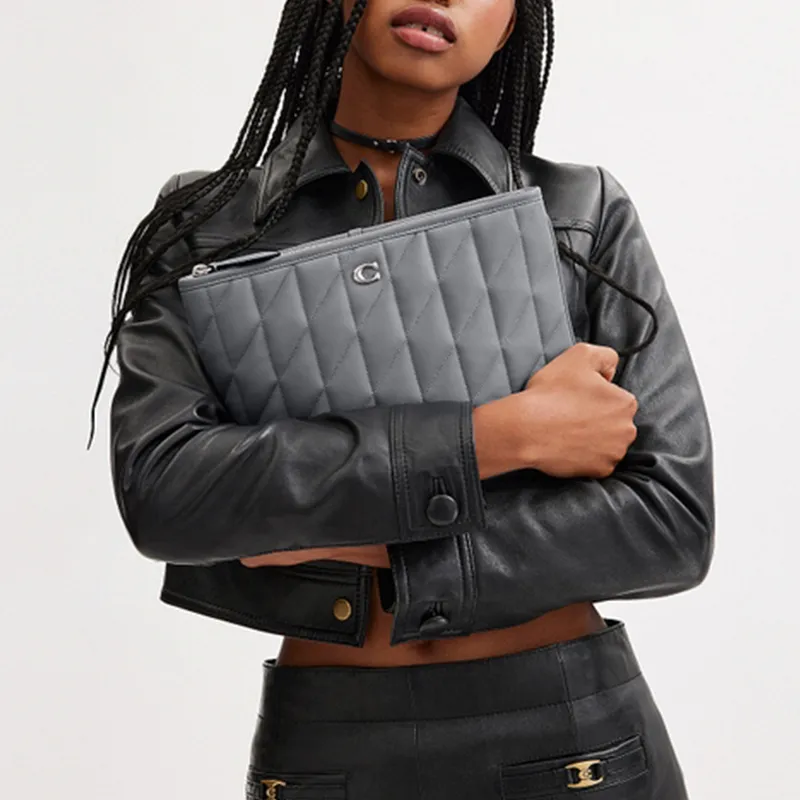 COACH Pouch Leather Clutch Large Size Women's Dark Gray-4