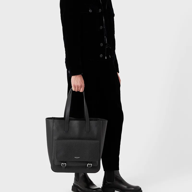 GIORGIO ARMANI Cow Leather Tote Bag Shopping Bag Handbag Men's Black-5
