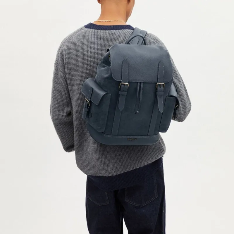 COACH Hudson Suede With Leather Backpack Tubas Men's Blue-3