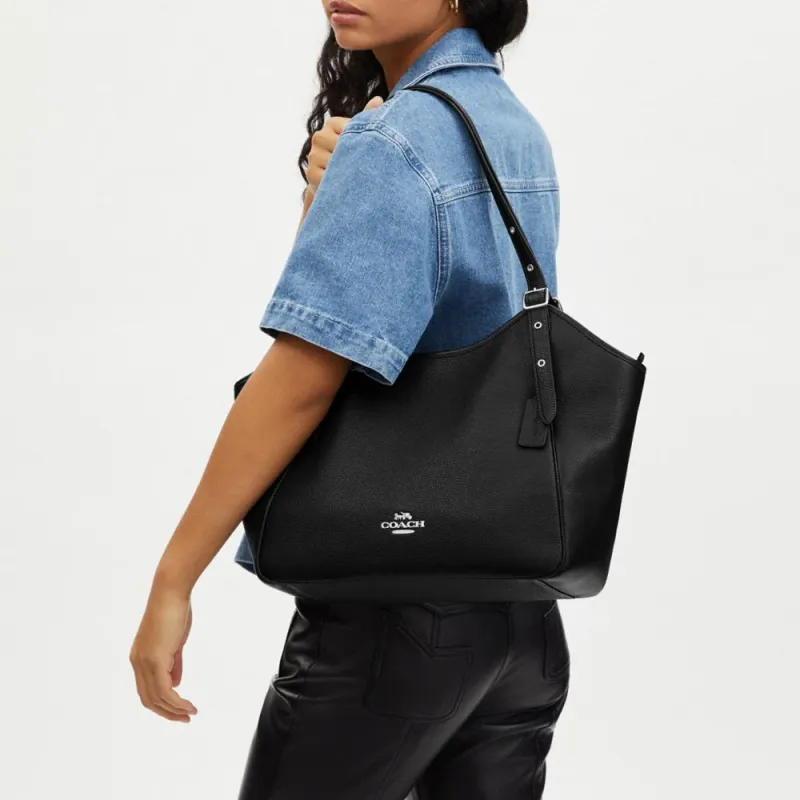COACH Zip Shoulder Bag Leather Tote Bag Shopping Bag Handbag Shoulder Bags Women's Black-4
