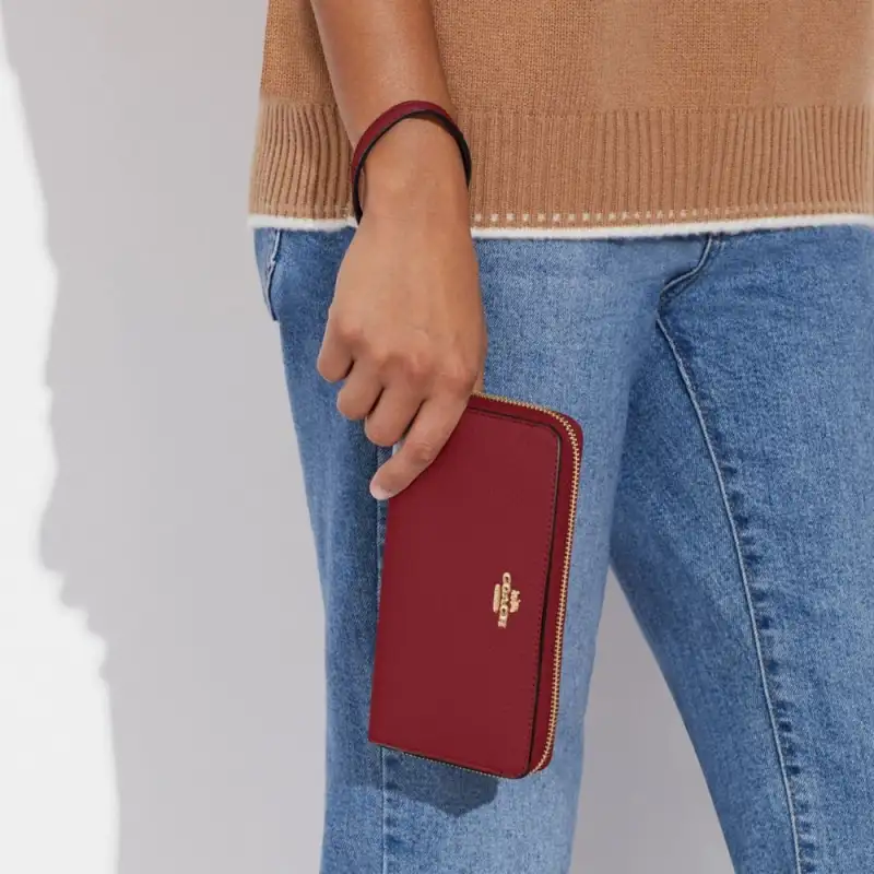 COACH Zip Around Leather Clutch Coin Purse Wallet Trumpets Women's Red-2