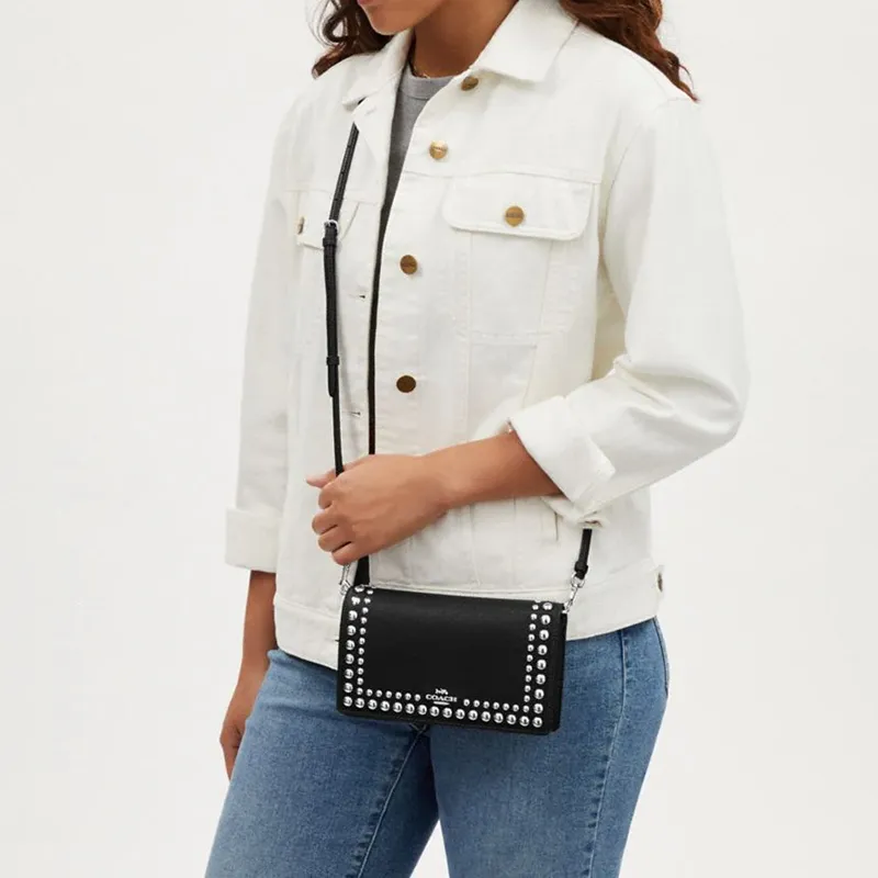 COACH Anna Pebbled Leather Envelope Bag Shoulder Bag Crossbody Bag Small Size Women's Black-4