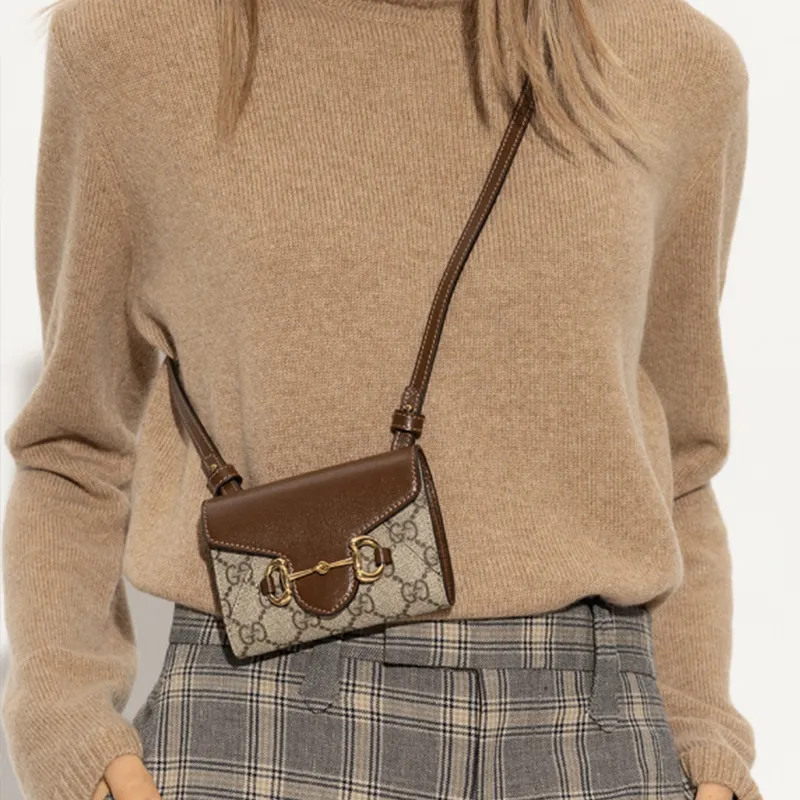 GUCCI Horsebit 1955 Canvas With Leather Crossbody Bag Coin Purse Card Holder Wallet Mini Women's Beige/Ebony-6