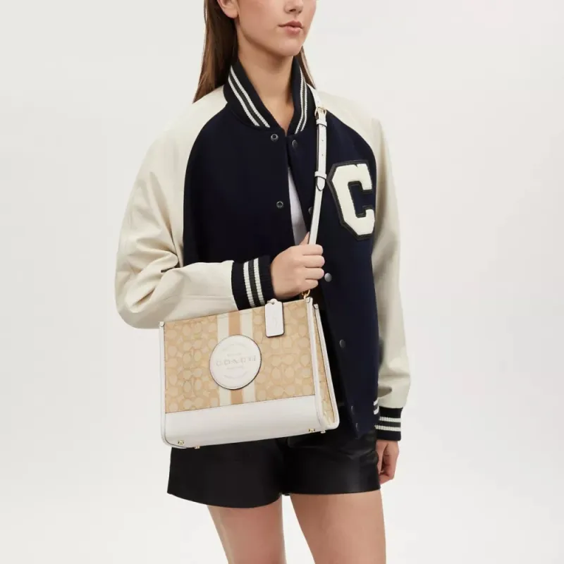 COACH Dempsey Jacquard With Leather One Shoulder Handbags Large Size Women's Gold & Light Khaki Chalk-4