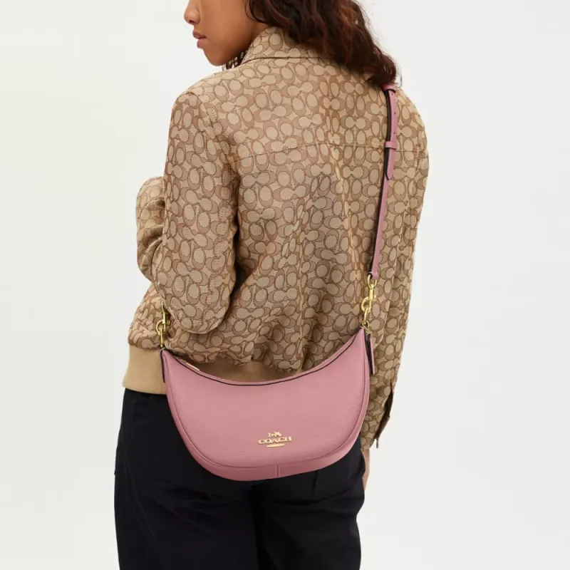COACH Leather Crescent Bag, Handbag, Shoulder Bag Medium Size Women's Gold & True Pink-3