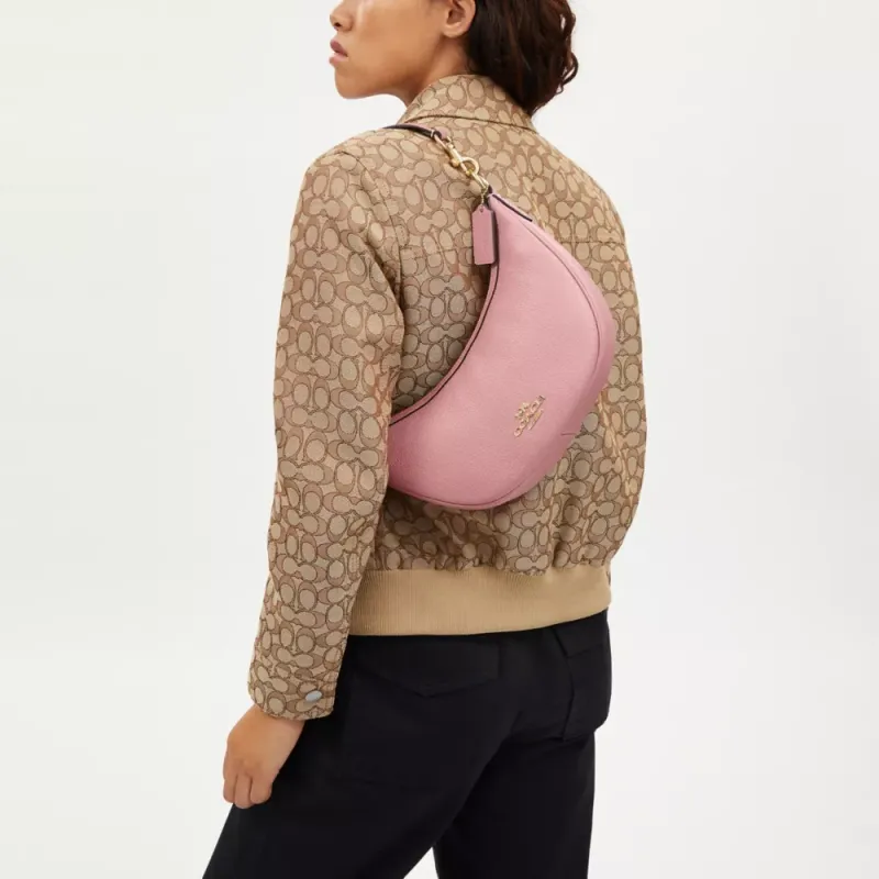 COACH Leather Crescent Bag, Handbag, Shoulder Bag Medium Size Women's Gold & True Pink-4