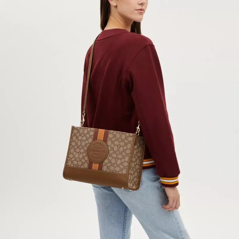 COACH Dempsey Fabric Cow Leather Patchwork One Shoulder Handbags Large Size Women's Khaki & Saddle Brown-3