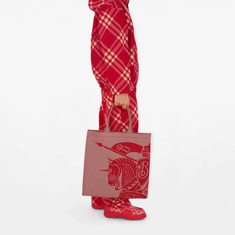 Burberry Cotton And Polyester Blend Tote Bag Shopping Bag Handbag Medium Size Men's Mailbox Red-4