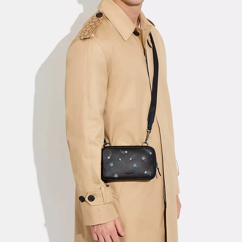 COACH Carrier Pebbled Leather Cell Phone Pouch Shoulder Bag Crossbody Bag Small Size Women's Black-4