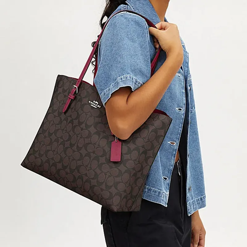 COACH Mollie Artificial Leather Tote Bag Shopping Bag Handbag Shoulder Bag Women's Brown & Bright Violet-4