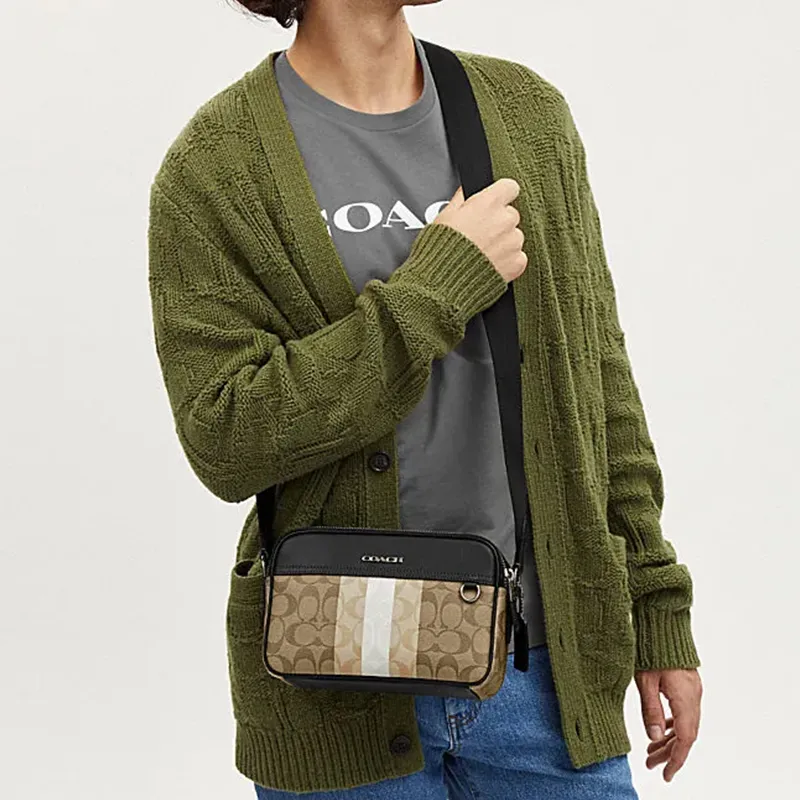 COACH Graham Artificial Leather With Cow Leather Camera Bag, Shoulder Bag, Crossbody Bag Men's Khaki & Multicolor-3