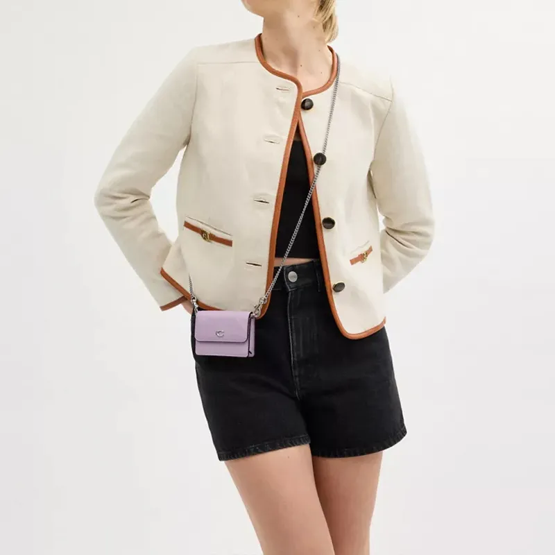 COACH Flap Card Case Leather One Shoulder Crossbody Card Holder Mini Women's Silver & Light Purple-2