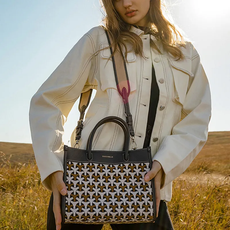 COCCINELLE Fabric Cow Leather Patchwork Tote Bag Shopping Bag Handbag Small Size Women's Bark Color-4