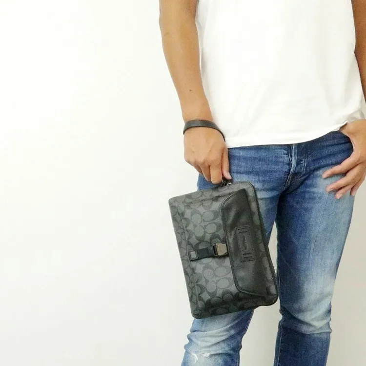 COACH Ranger Cow Leather Coin Purse, Clutch Medium Size Men's Black Gray-4