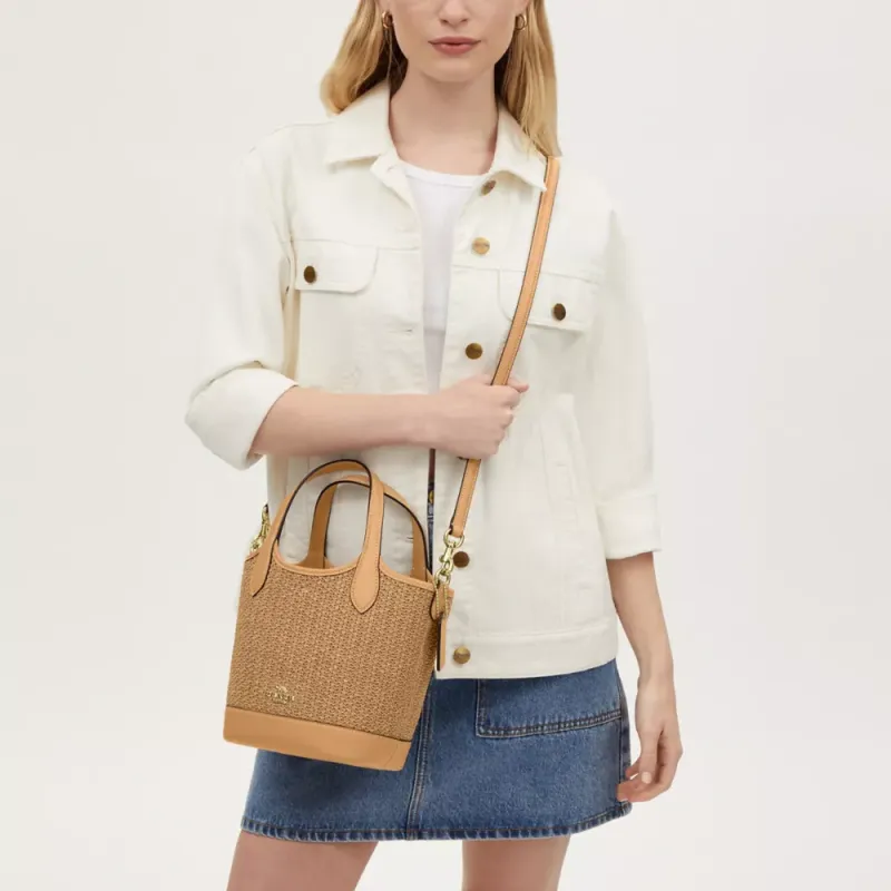 COACH Hanna Straw With Smooth Leather Bucket Bags Shoulder Bag Crossbody Bag Small Size Women's Multi-Latte-3