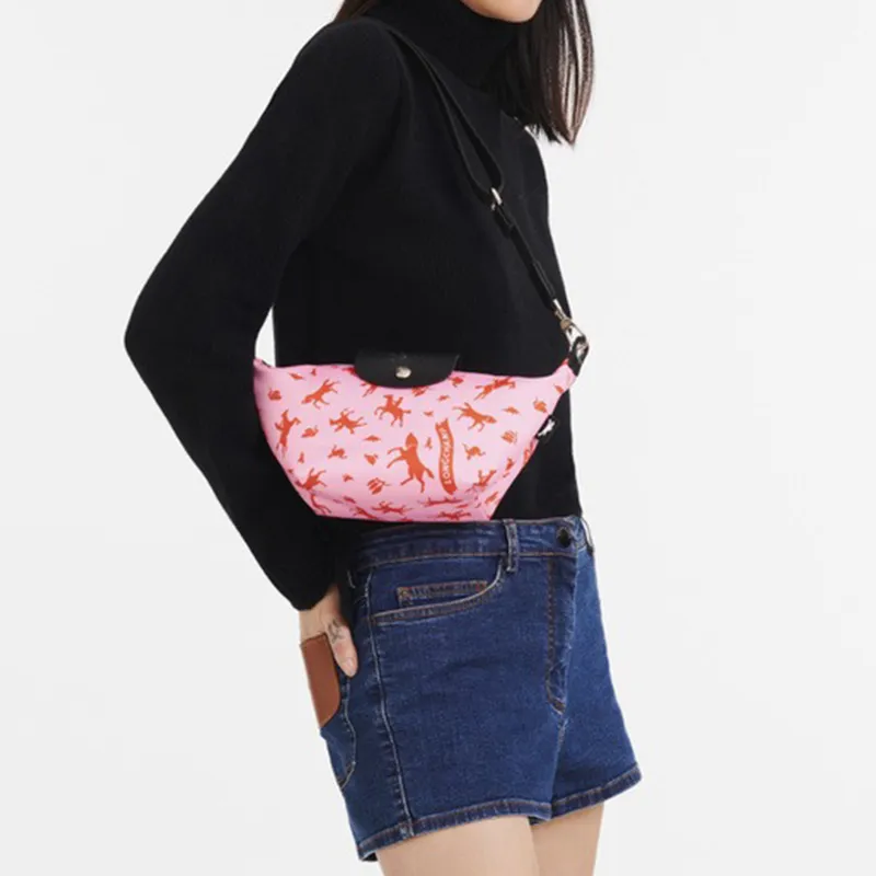 LONGCHAMP Le Pliage Cow Leather Trim Dumpling Bag, Portable Crossbody Bag, Shoulder Bag Women's Pink-4